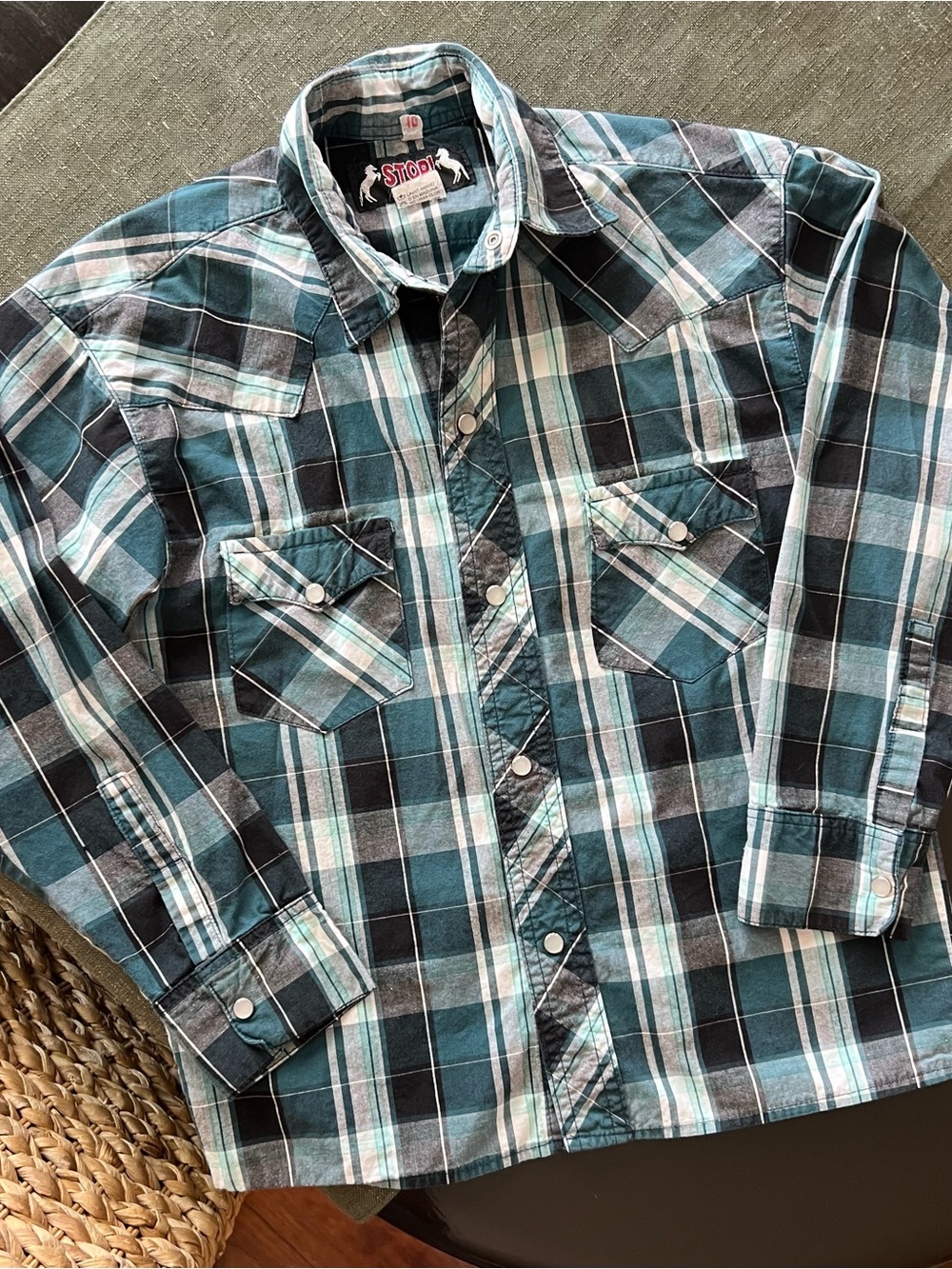 Staccato Teal Black White Plaid Snap-Front Button Shirt